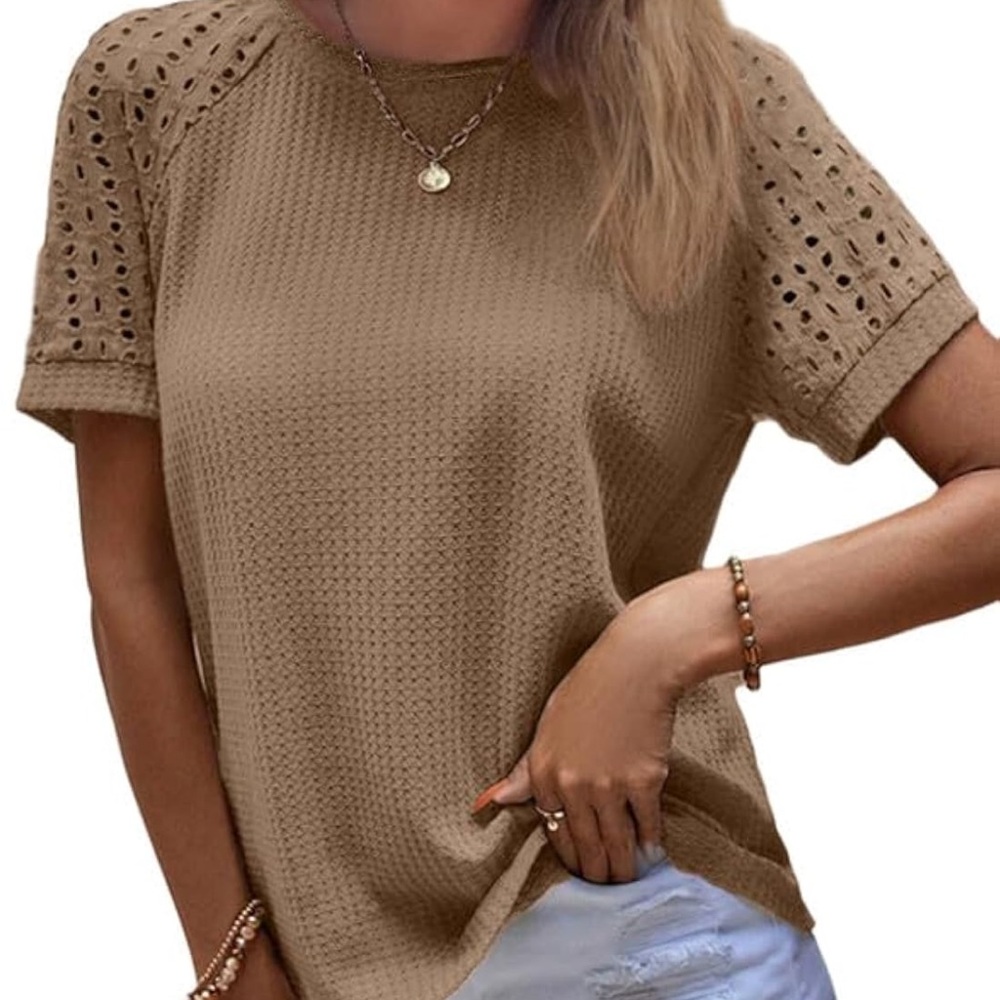 Womens Waffle Knit Tops Dressy Casual Crew Neck Short Sleeve Shirt